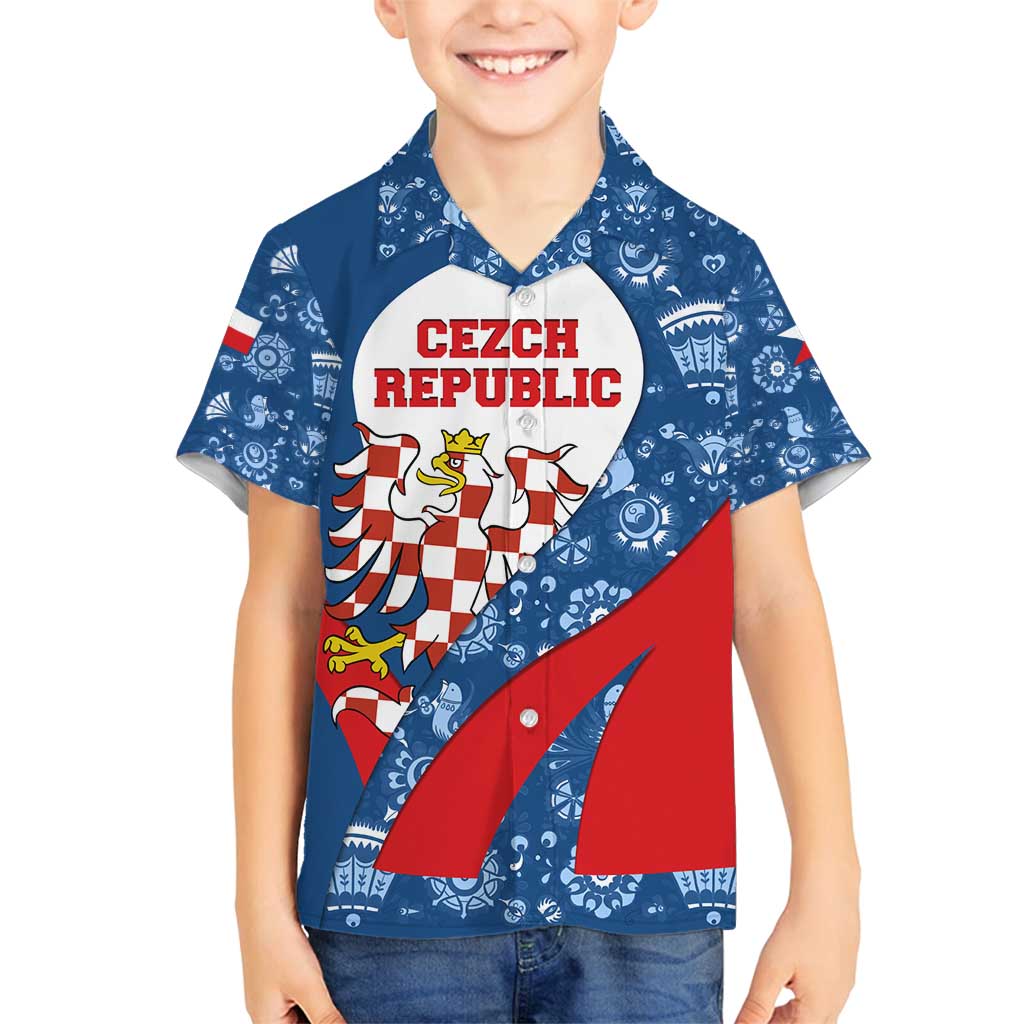 Czech Republic Family Matching Off Shoulder Maxi Dress and Hawaiian Shirt with Blue Red Folk Pattern Design and National Lion Emblem - Wonder Print Shop