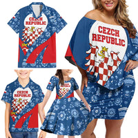 Czech Republic Family Matching Off Shoulder Short Dress and Hawaiian Shirt with Blue Red Folk Pattern Design and National Lion Emblem - Wonder Print Shop