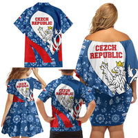 Czech Republic Family Matching Off Shoulder Short Dress and Hawaiian Shirt with Blue Red Folk Pattern Design and National Lion Emblem - Wonder Print Shop
