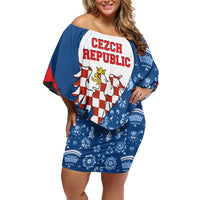 Czech Republic Family Matching Off Shoulder Short Dress and Hawaiian Shirt with Blue Red Folk Pattern Design and National Lion Emblem - Wonder Print Shop