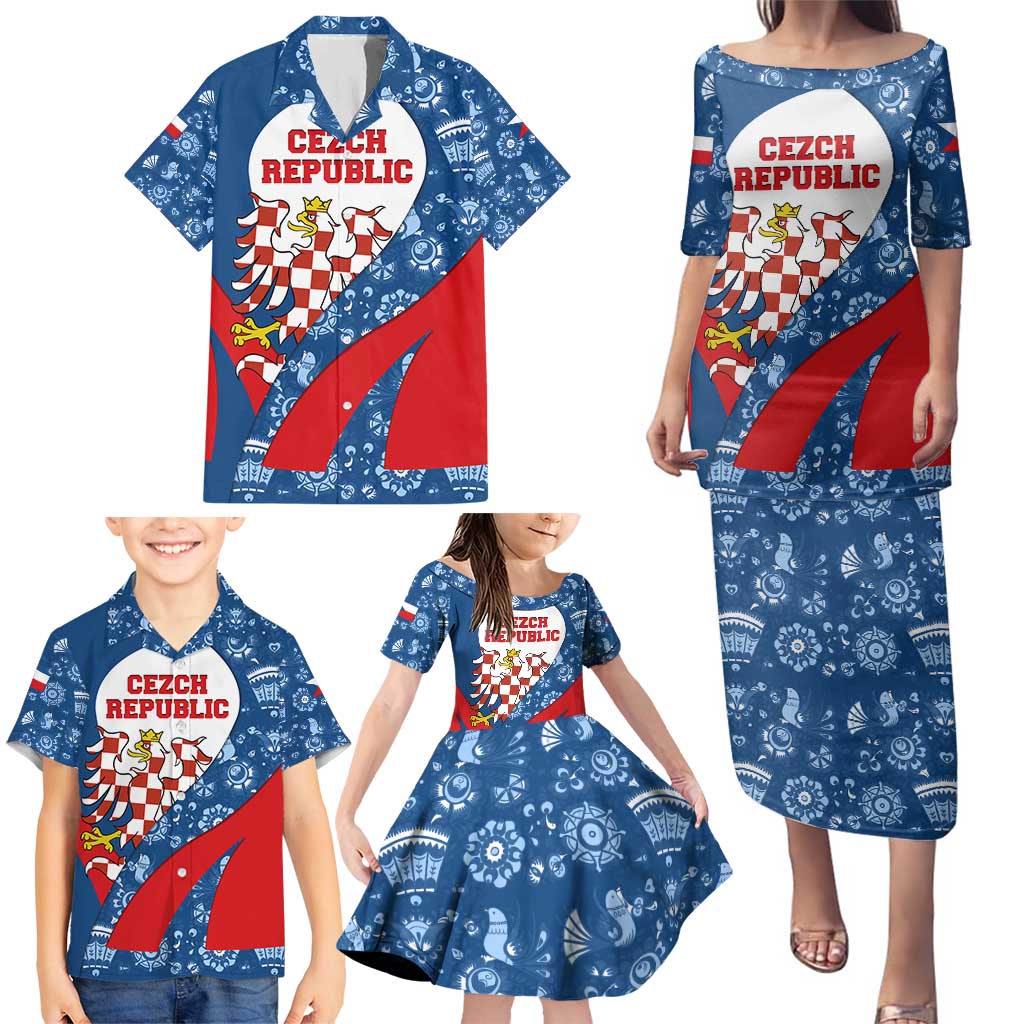 Czech Republic Family Matching Puletasi and Hawaiian Shirt with Blue Red Folk Pattern Design and National Lion Emblem - Wonder Print Shop