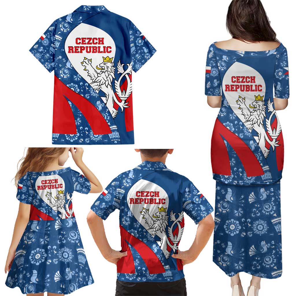 Czech Republic Family Matching Puletasi and Hawaiian Shirt with Blue Red Folk Pattern Design and National Lion Emblem - Wonder Print Shop