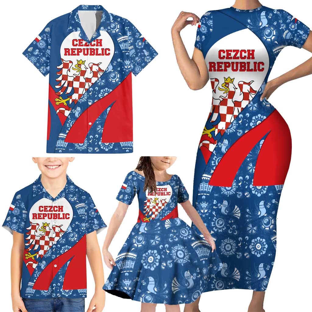 Czech Republic Family Matching Short Sleeve Bodycon Dress and Hawaiian Shirt with Blue Red Folk Pattern Design and National Lion Emblem - Wonder Print Shop
