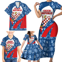 Czech Republic Family Matching Short Sleeve Bodycon Dress and Hawaiian Shirt with Blue Red Folk Pattern Design and National Lion Emblem - Wonder Print Shop