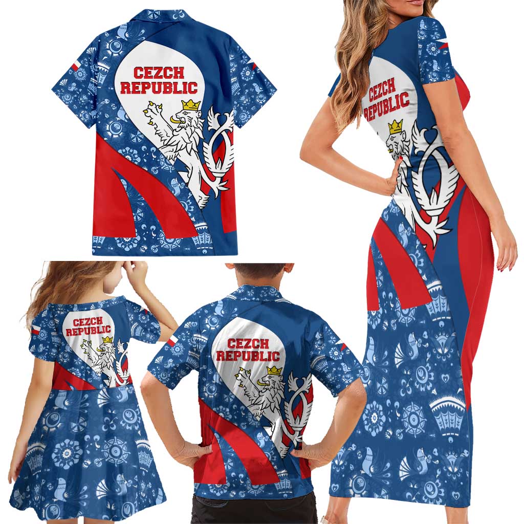 Czech Republic Family Matching Short Sleeve Bodycon Dress and Hawaiian Shirt with Blue Red Folk Pattern Design and National Lion Emblem - Wonder Print Shop