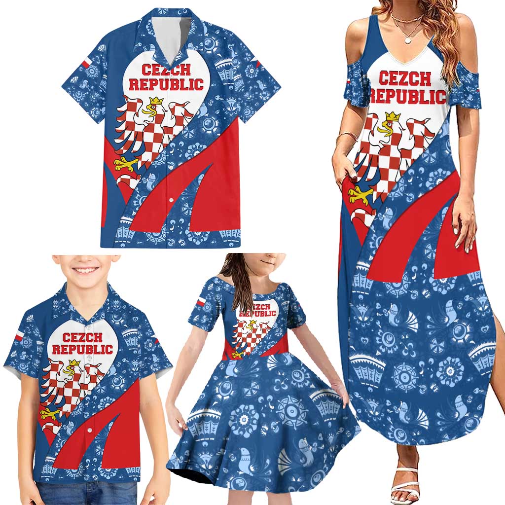 Czech Republic Family Matching Summer Maxi Dress and Hawaiian Shirt with Blue Red Folk Pattern Design and National Lion Emblem - Wonder Print Shop