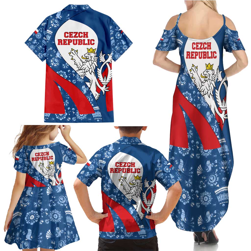 Czech Republic Family Matching Summer Maxi Dress and Hawaiian Shirt with Blue Red Folk Pattern Design and National Lion Emblem - Wonder Print Shop