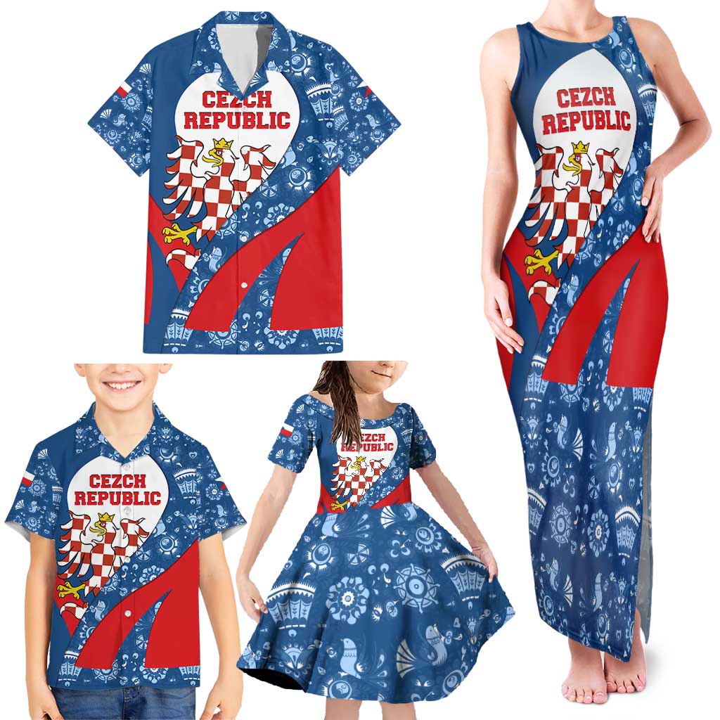 Czech Republic Family Matching Tank Maxi Dress and Hawaiian Shirt with Blue Red Folk Pattern Design and National Lion Emblem - Wonder Print Shop