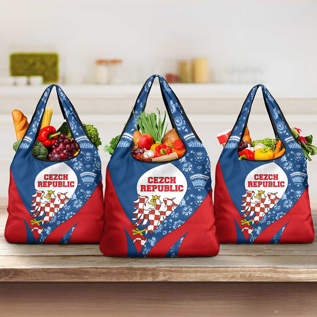 Czech Republic Grocery Bag with Blue Red Folk Pattern Design and National Lion Emblem - Wonder Print Shop