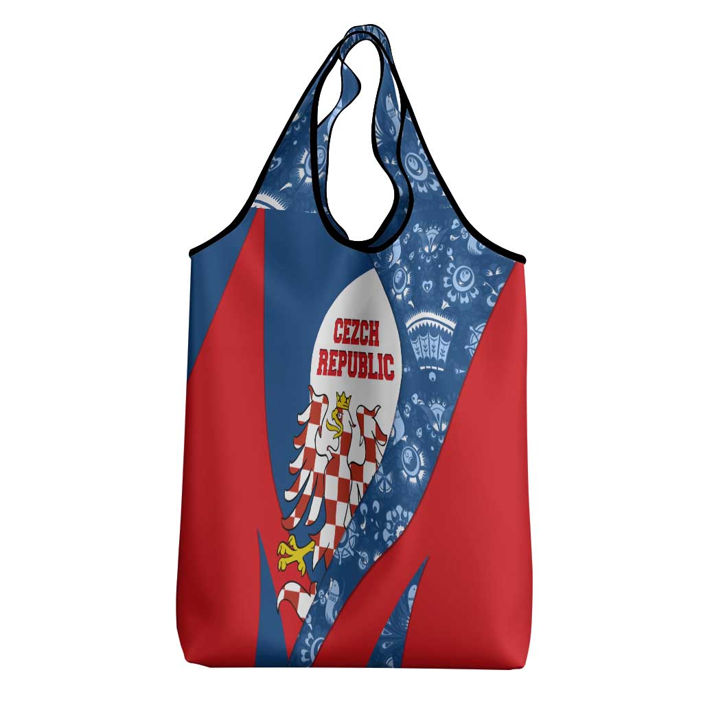 Czech Republic Grocery Bag with Blue Red Folk Pattern Design and National Lion Emblem - Wonder Print Shop