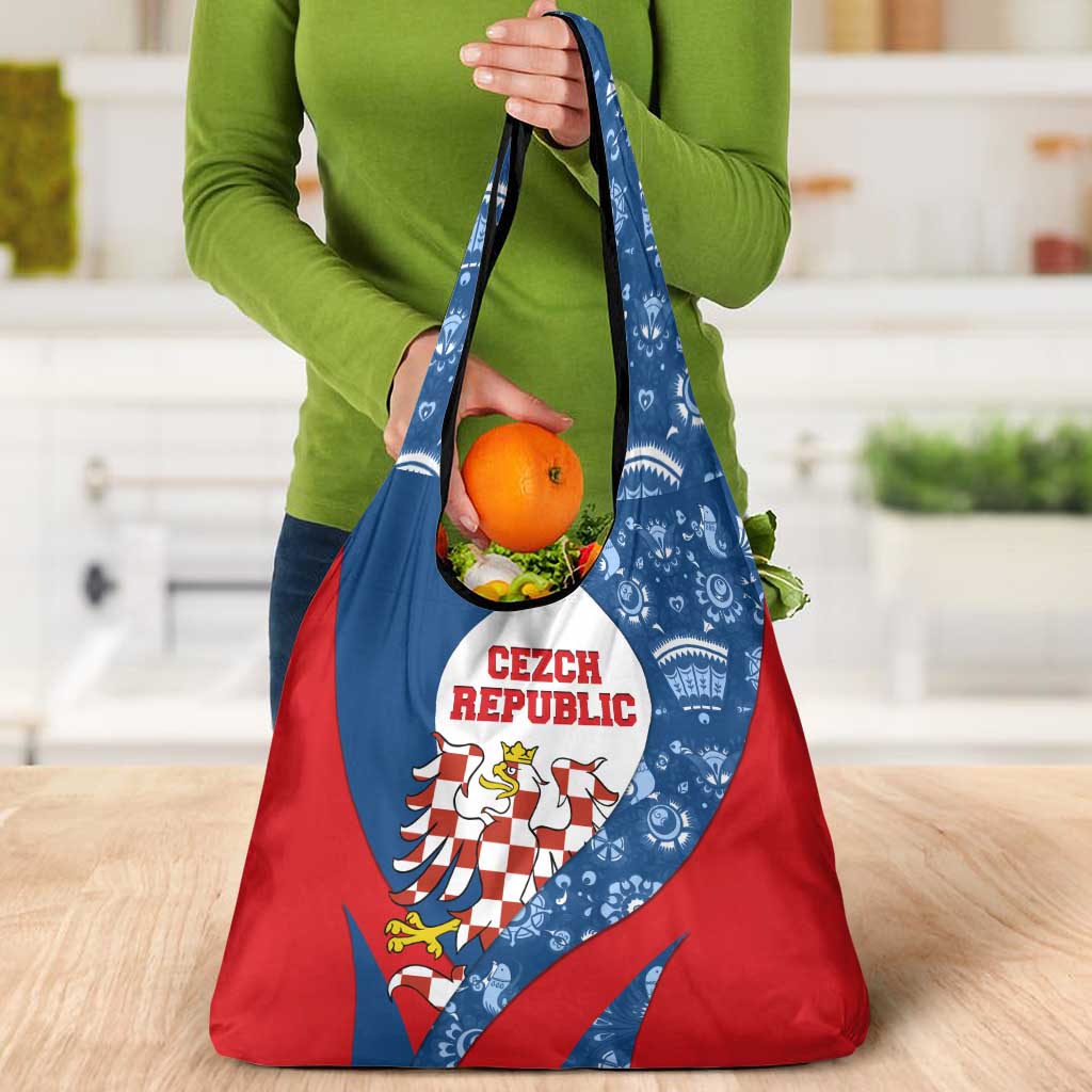 Czech Republic Grocery Bag with Blue Red Folk Pattern Design and National Lion Emblem - Wonder Print Shop