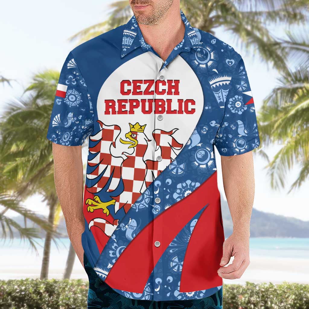Czech Republic Hawaiian Shirt with Blue Red Folk Pattern Design and National Lion Emblem - Wonder Print Shop