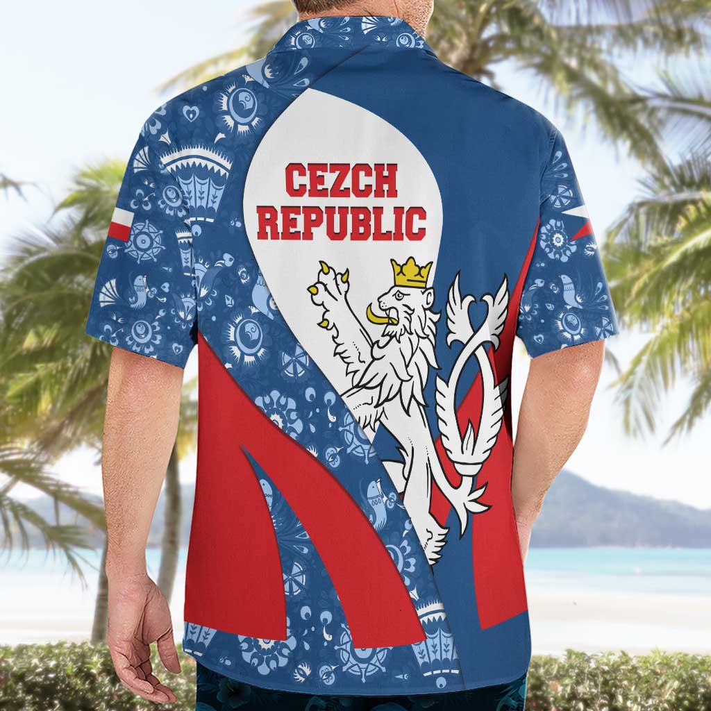 Czech Republic Hawaiian Shirt with Blue Red Folk Pattern Design and National Lion Emblem - Wonder Print Shop