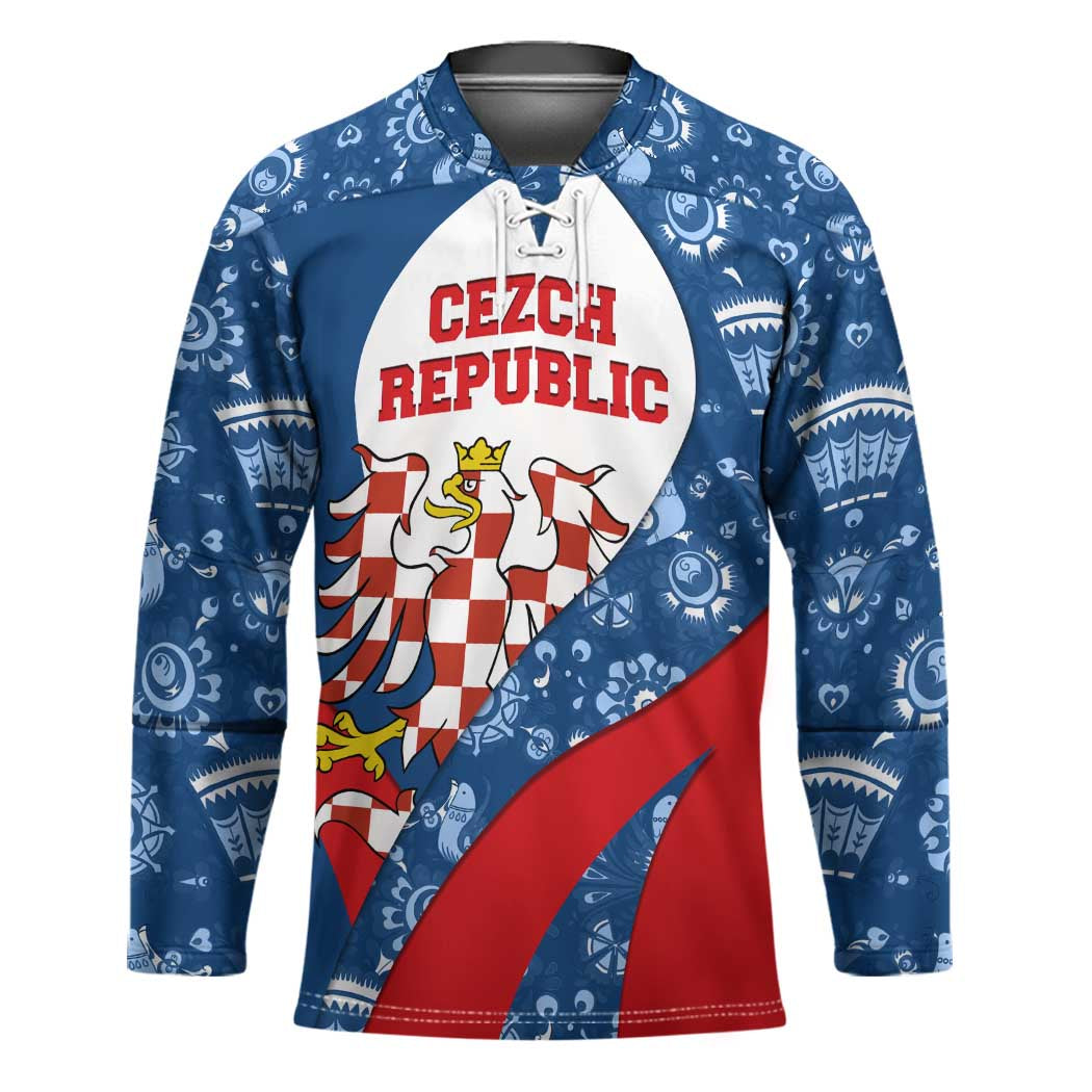 Czech Republic Hockey Jersey with Blue Red Folk Pattern Design and National Lion Emblem - Wonder Print Shop