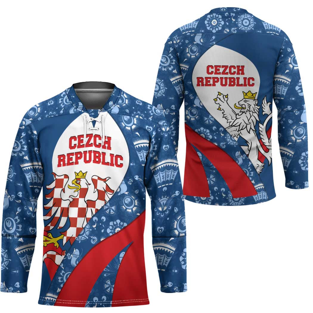 Czech Republic Hockey Jersey with Blue Red Folk Pattern Design and National Lion Emblem - Wonder Print Shop