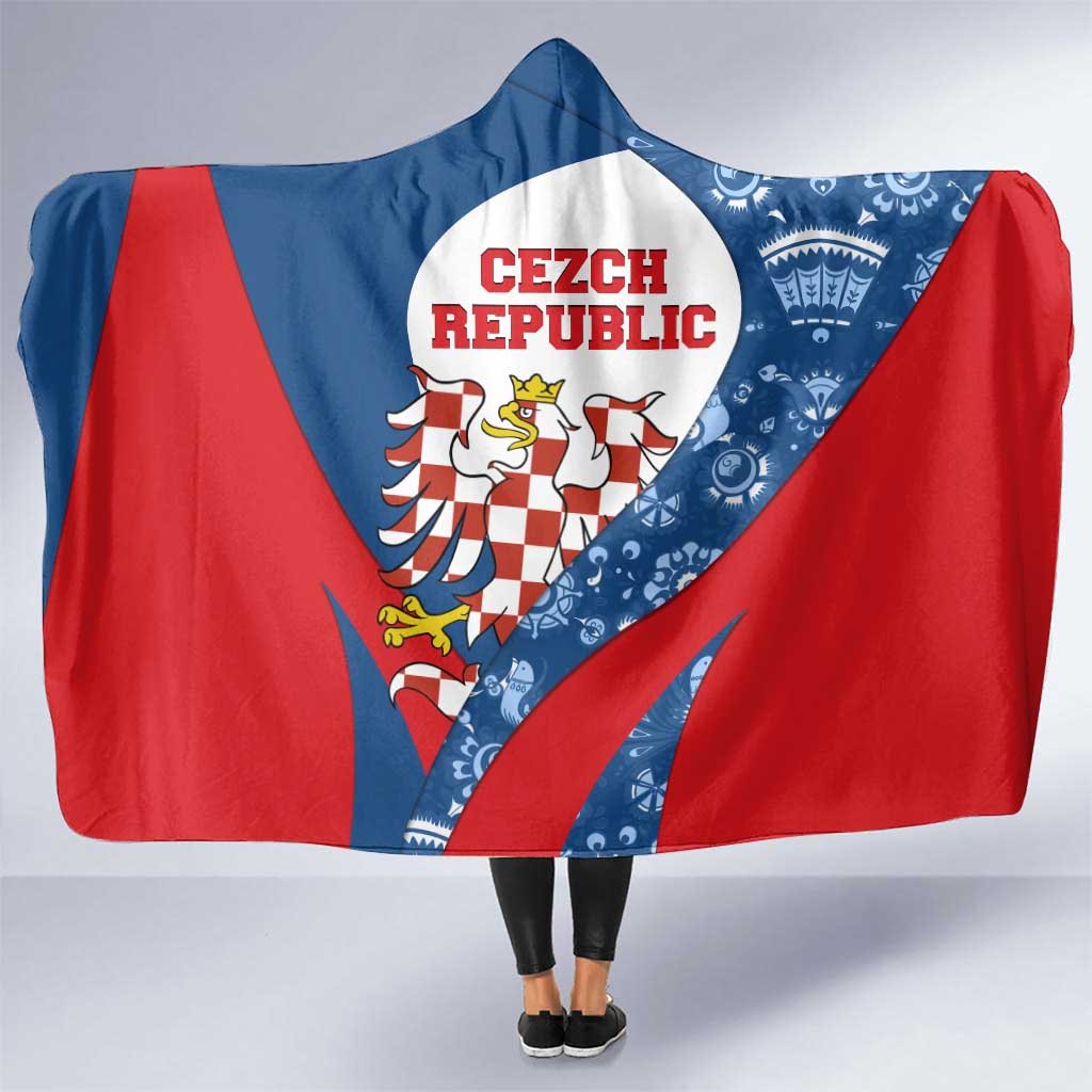 Czech Republic Hooded Blanket with Blue Red Folk Pattern Design and National Lion Emblem - Wonder Print Shop