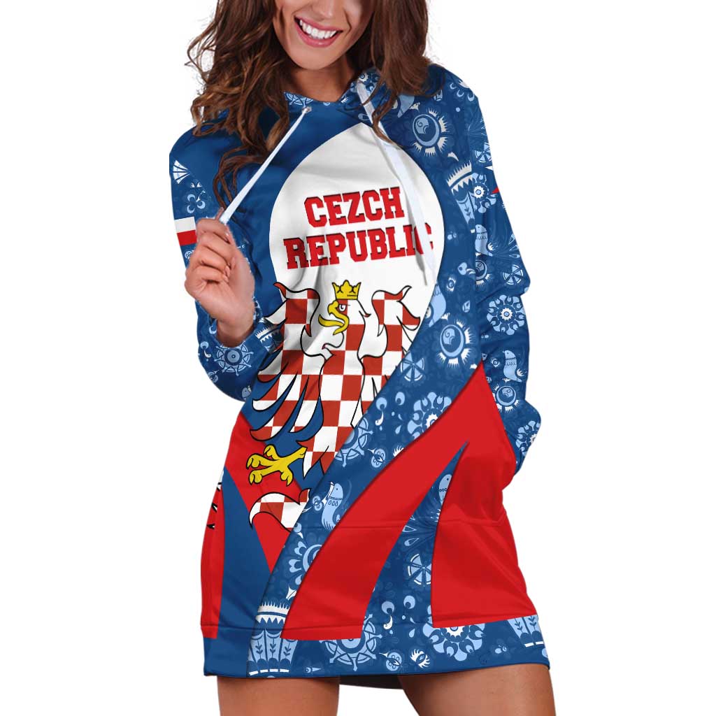 Czech Republic Hoodie Dress with Blue Red Folk Pattern Design and National Lion Emblem - Wonder Print Shop