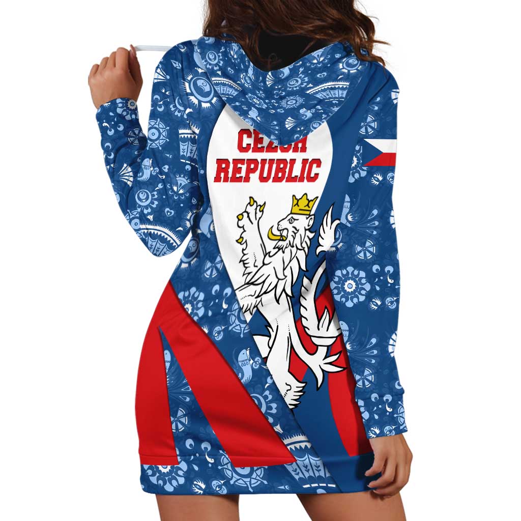 Czech Republic Hoodie Dress with Blue Red Folk Pattern Design and National Lion Emblem - Wonder Print Shop