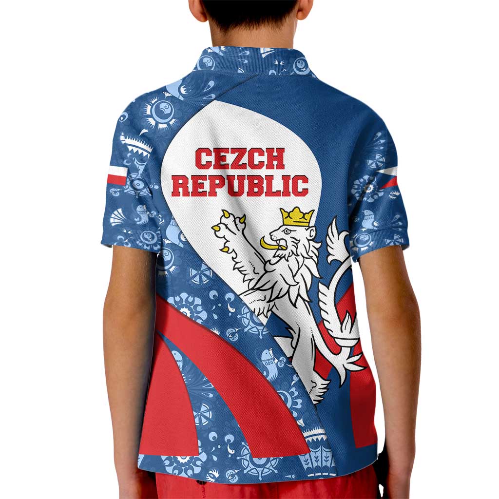 Czech Republic Kid Polo Shirt with Blue Red Folk Pattern Design and National Lion Emblem - Wonder Print Shop