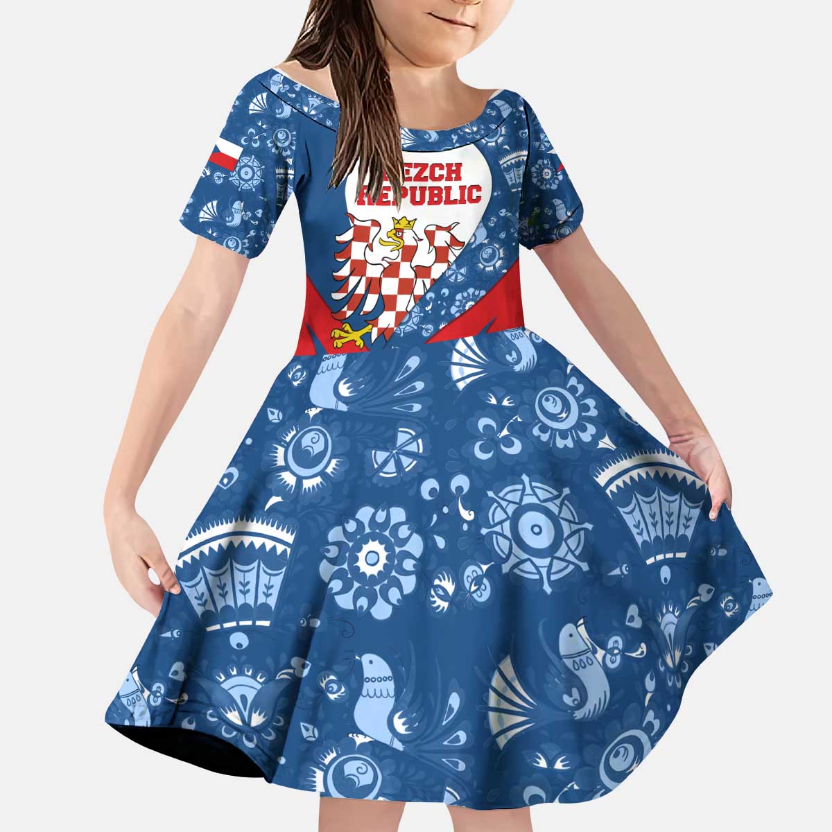 Czech Republic Kid Short Sleeve Dress with Blue Red Folk Pattern Design and National Lion Emblem - Wonder Print Shop