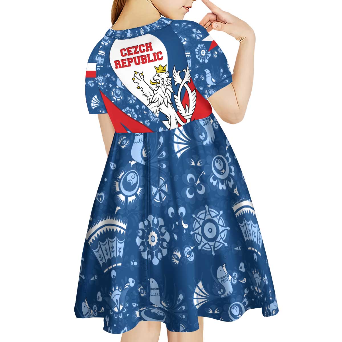 Czech Republic Kid Short Sleeve Dress with Blue Red Folk Pattern Design and National Lion Emblem - Wonder Print Shop