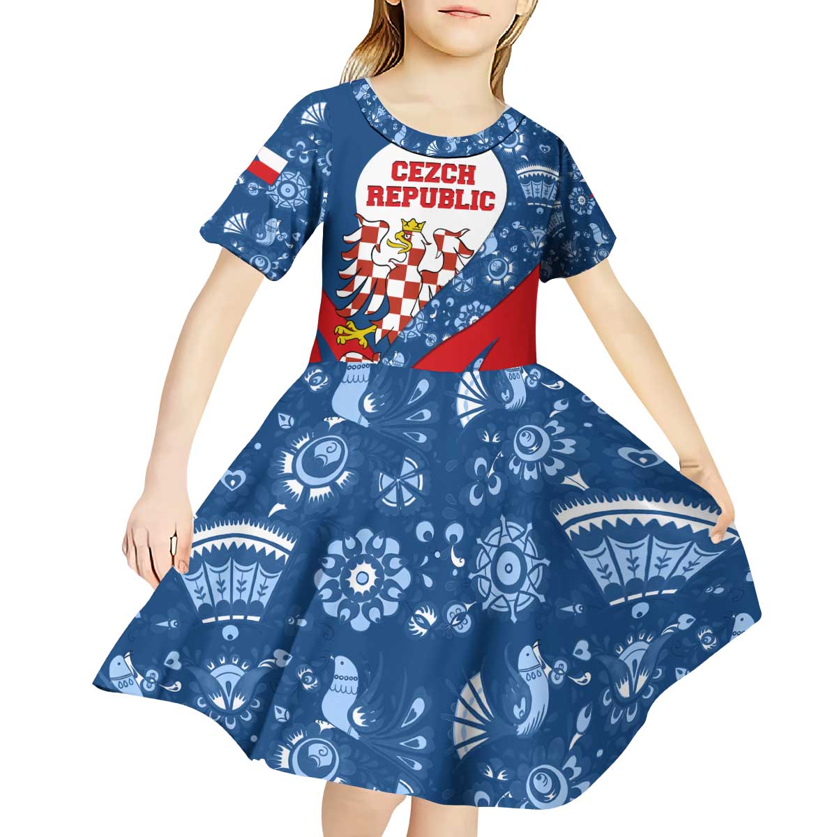 Czech Republic Kid Short Sleeve Dress with Blue Red Folk Pattern Design and National Lion Emblem - Wonder Print Shop