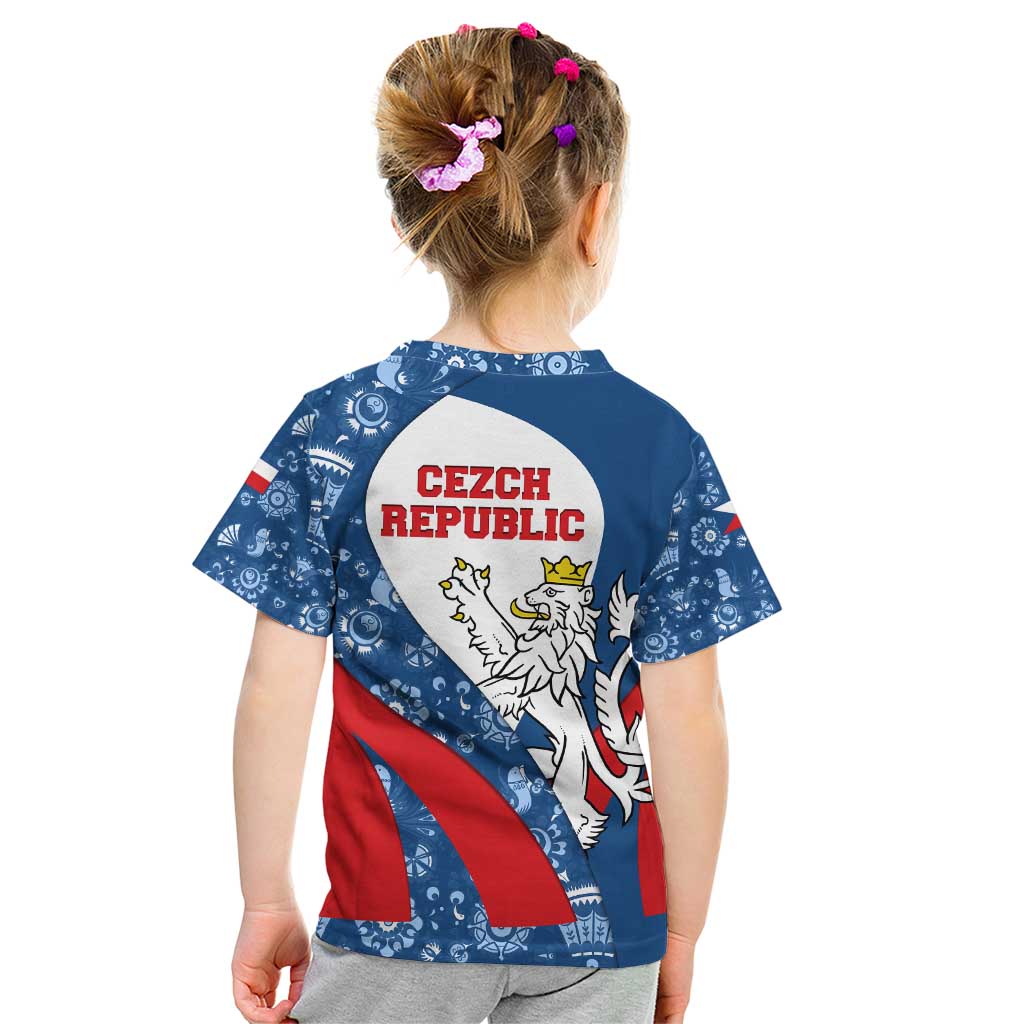 Czech Republic Kid T Shirt with Blue Red Folk Pattern Design and National Lion Emblem - Wonder Print Shop
