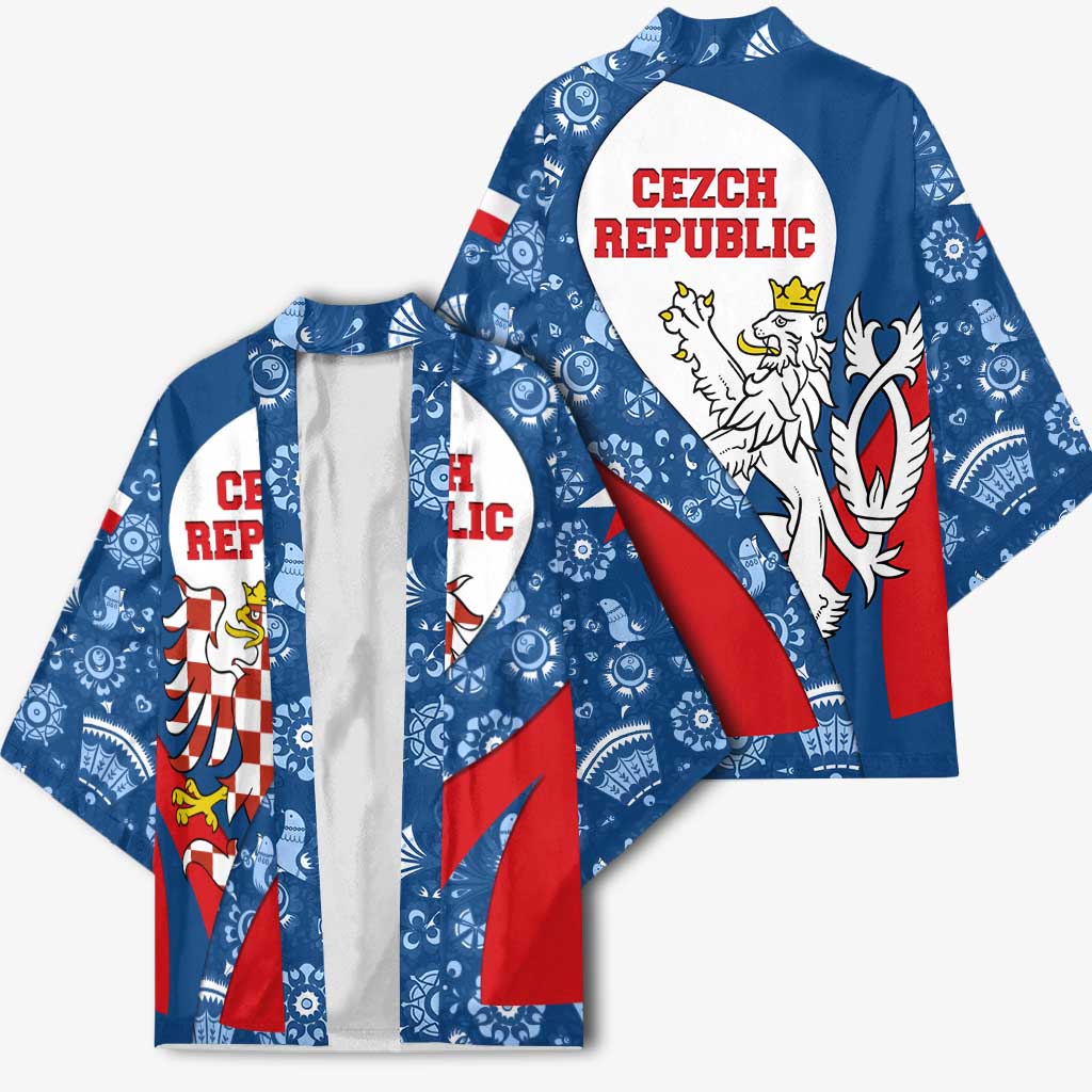 Czech Republic Kimono with Blue Red Folk Pattern Design and National Lion Emblem - Wonder Print Shop