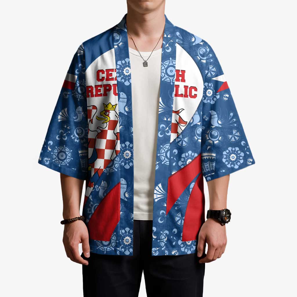 Czech Republic Kimono with Blue Red Folk Pattern Design and National Lion Emblem - Wonder Print Shop