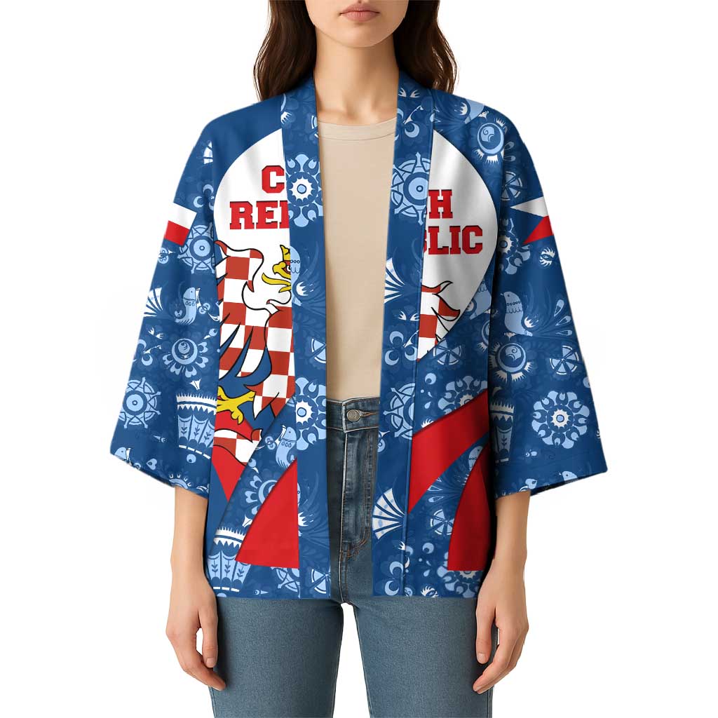 Czech Republic Kimono with Blue Red Folk Pattern Design and National Lion Emblem - Wonder Print Shop