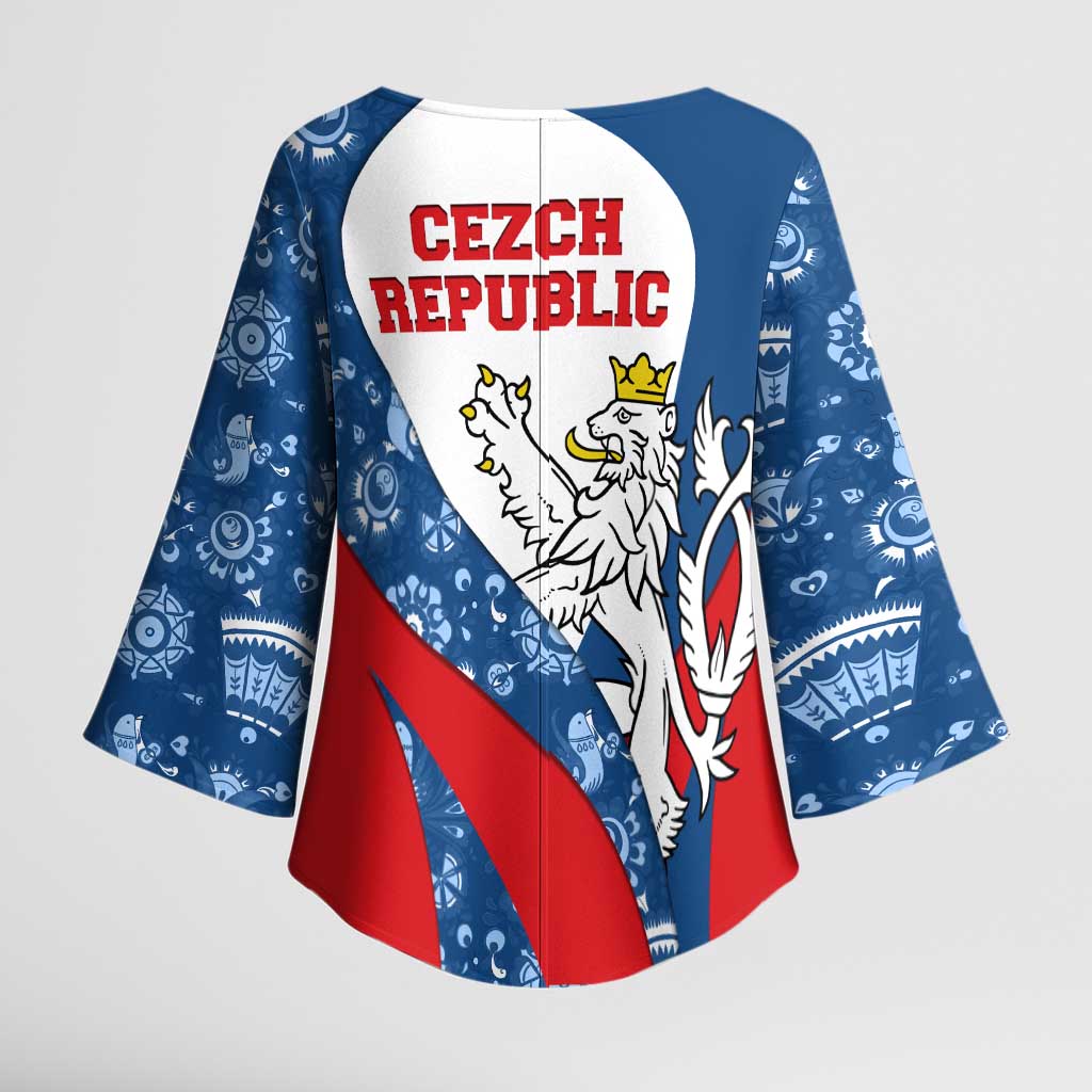 Czech Republic Kimono Sleeve Blouse with Blue Red Folk Pattern Design and National Lion Emblem - Wonder Print Shop