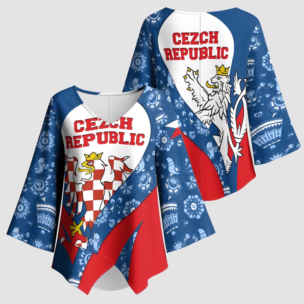 Czech Republic Kimono Sleeve Blouse with Blue Red Folk Pattern Design and National Lion Emblem - Wonder Print Shop