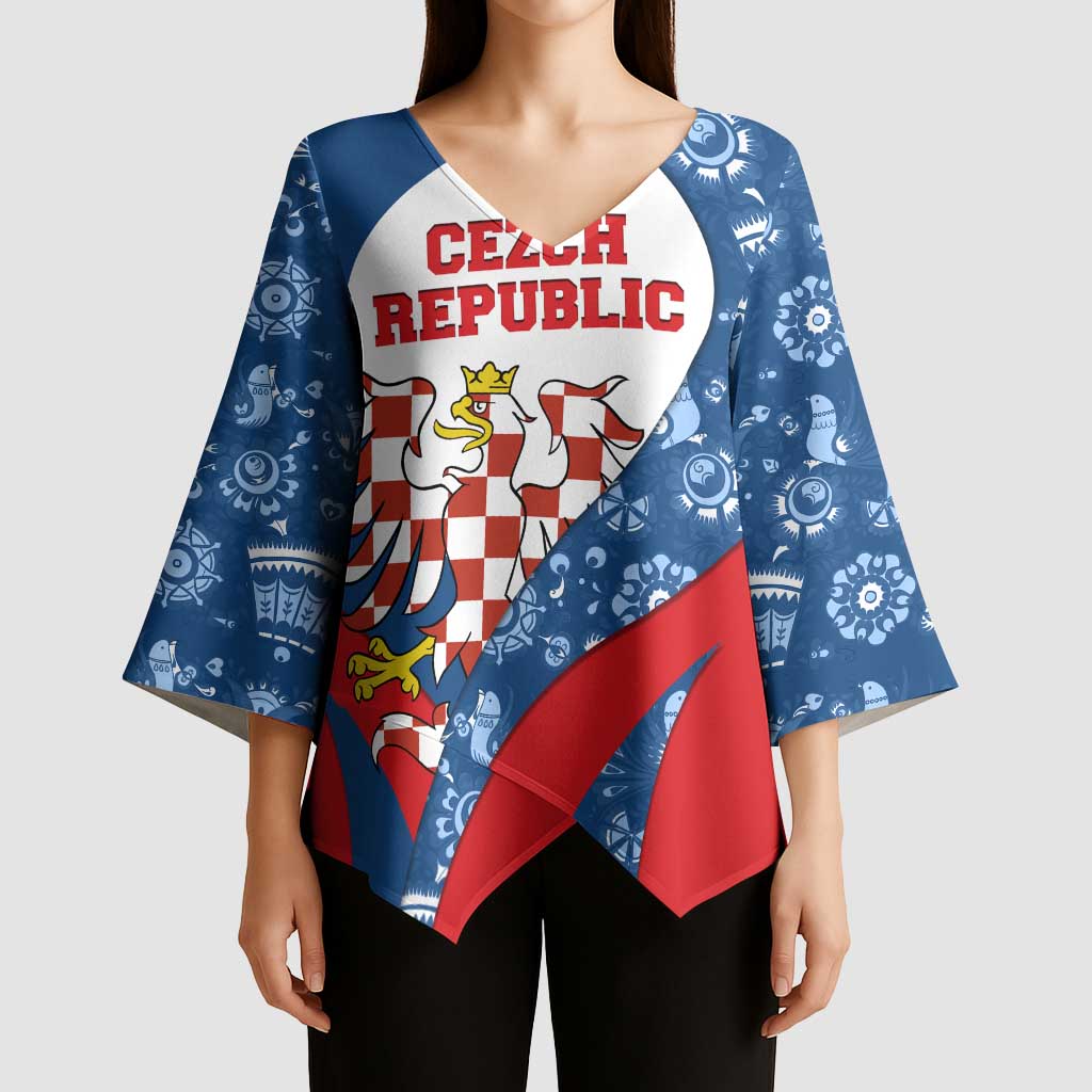 Czech Republic Kimono Sleeve Blouse with Blue Red Folk Pattern Design and National Lion Emblem - Wonder Print Shop