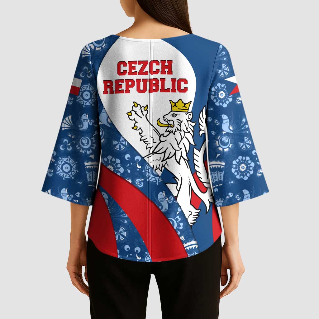 Czech Republic Kimono Sleeve Blouse with Blue Red Folk Pattern Design and National Lion Emblem - Wonder Print Shop