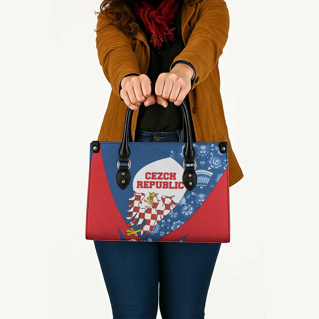 Czech Republic Leather Bag with Blue Red Folk Pattern Design and National Lion Emblem - Wonder Print Shop