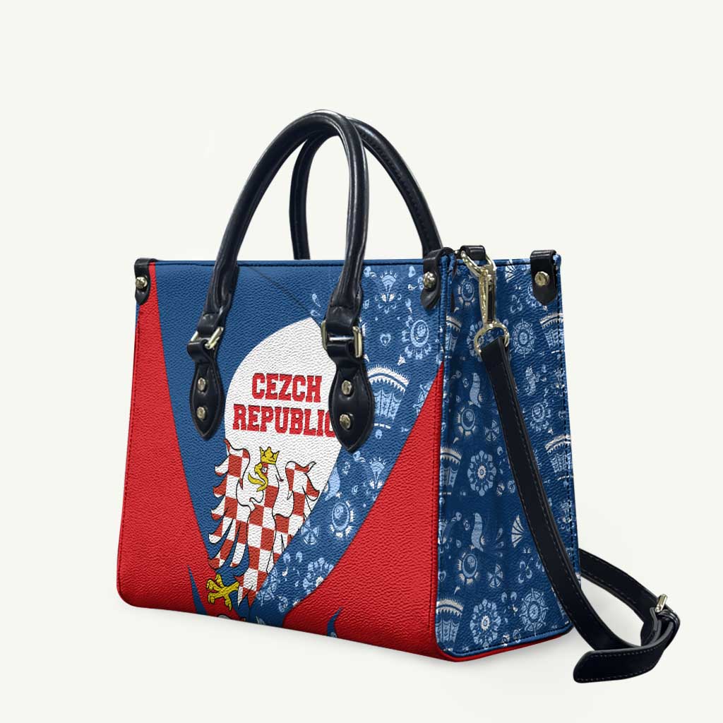 Czech Republic Leather Bag with Blue Red Folk Pattern Design and National Lion Emblem - Wonder Print Shop