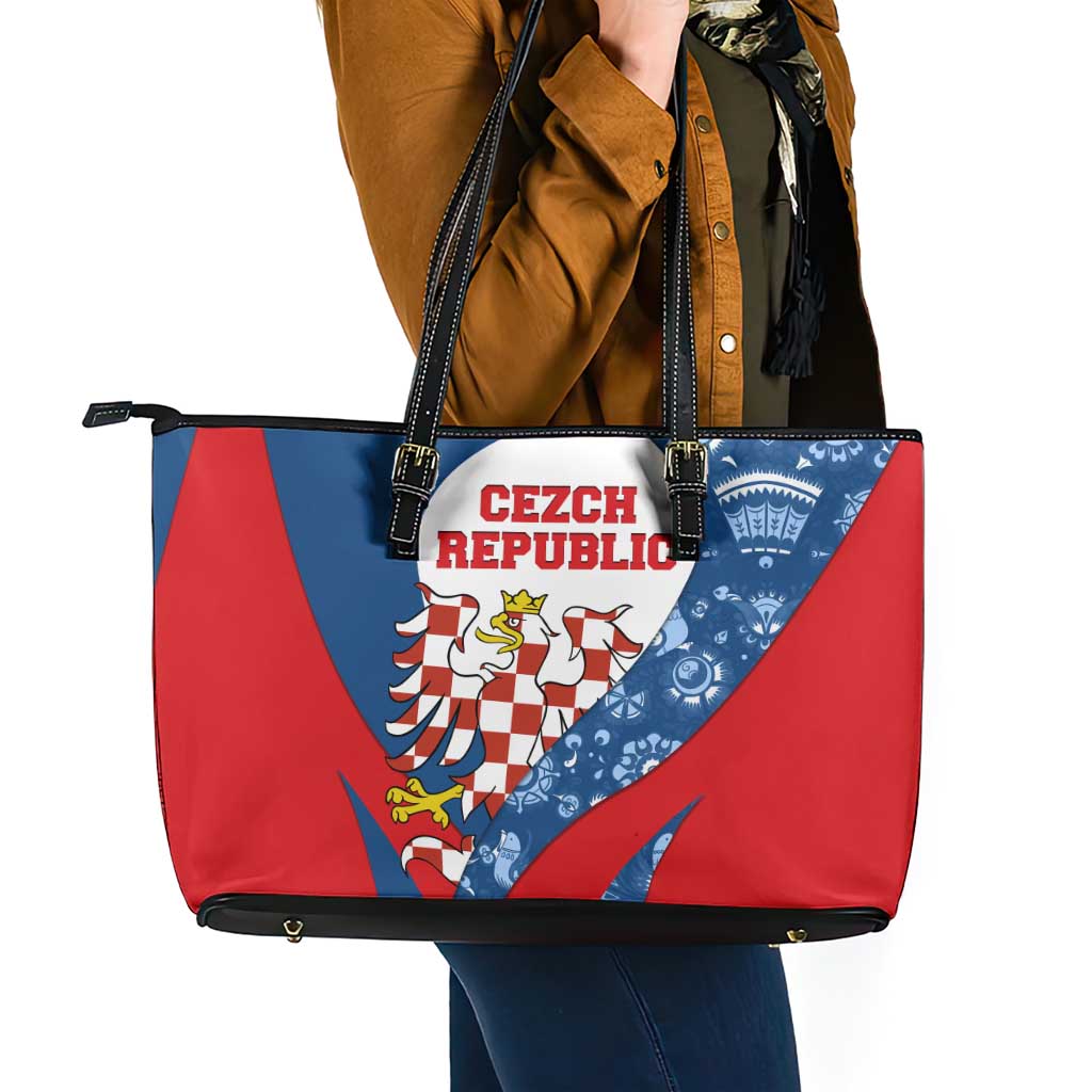 Czech Republic Leather Tote Bag with Blue Red Folk Pattern Design and National Lion Emblem - Wonder Print Shop