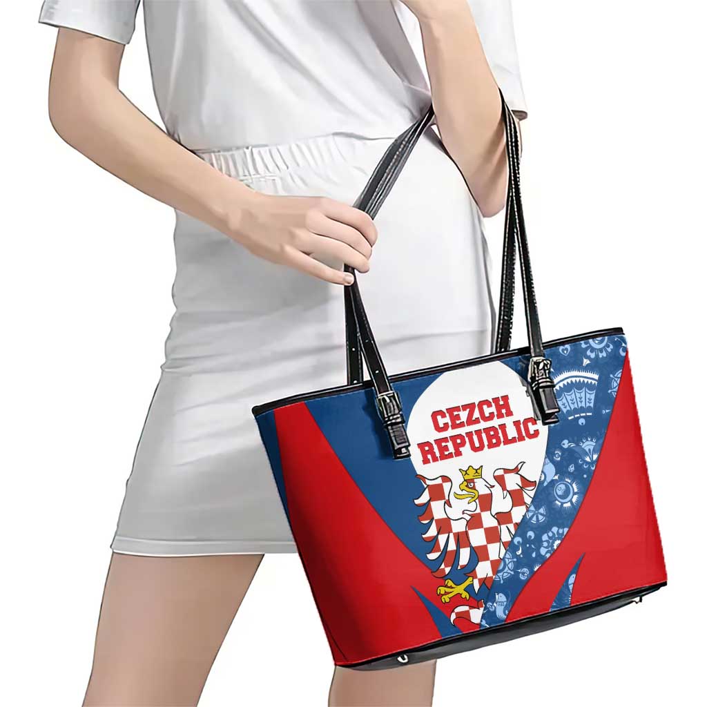 Czech Republic Leather Tote Bag with Blue Red Folk Pattern Design and National Lion Emblem - Wonder Print Shop