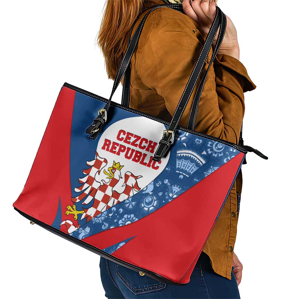 Czech Republic Leather Tote Bag with Blue Red Folk Pattern Design and National Lion Emblem - Wonder Print Shop