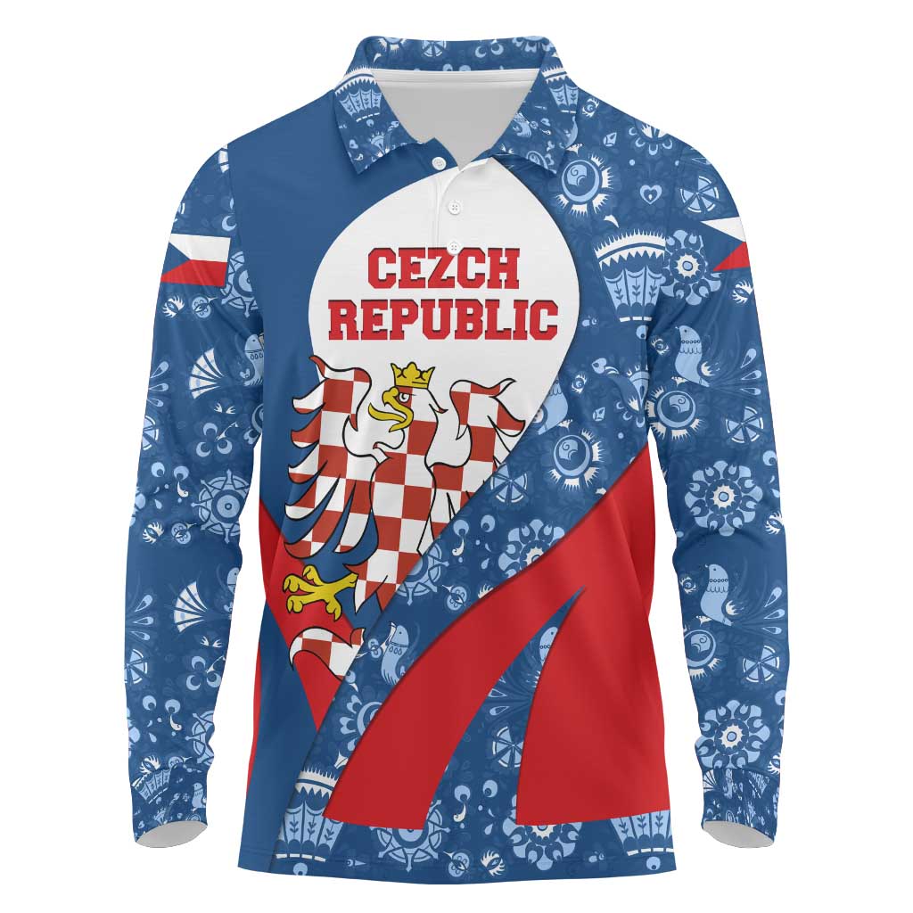 Czech Republic Long Sleeve Polo Shirt with Blue Red Folk Pattern Design and National Lion Emblem - Wonder Print Shop