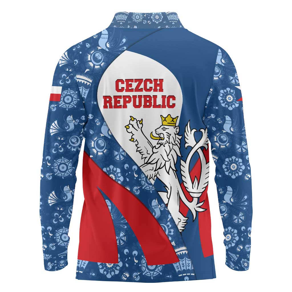 Czech Republic Long Sleeve Polo Shirt with Blue Red Folk Pattern Design and National Lion Emblem - Wonder Print Shop