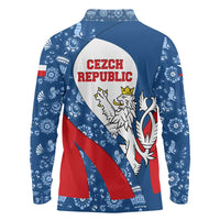 Czech Republic Long Sleeve Polo Shirt with Blue Red Folk Pattern Design and National Lion Emblem - Wonder Print Shop