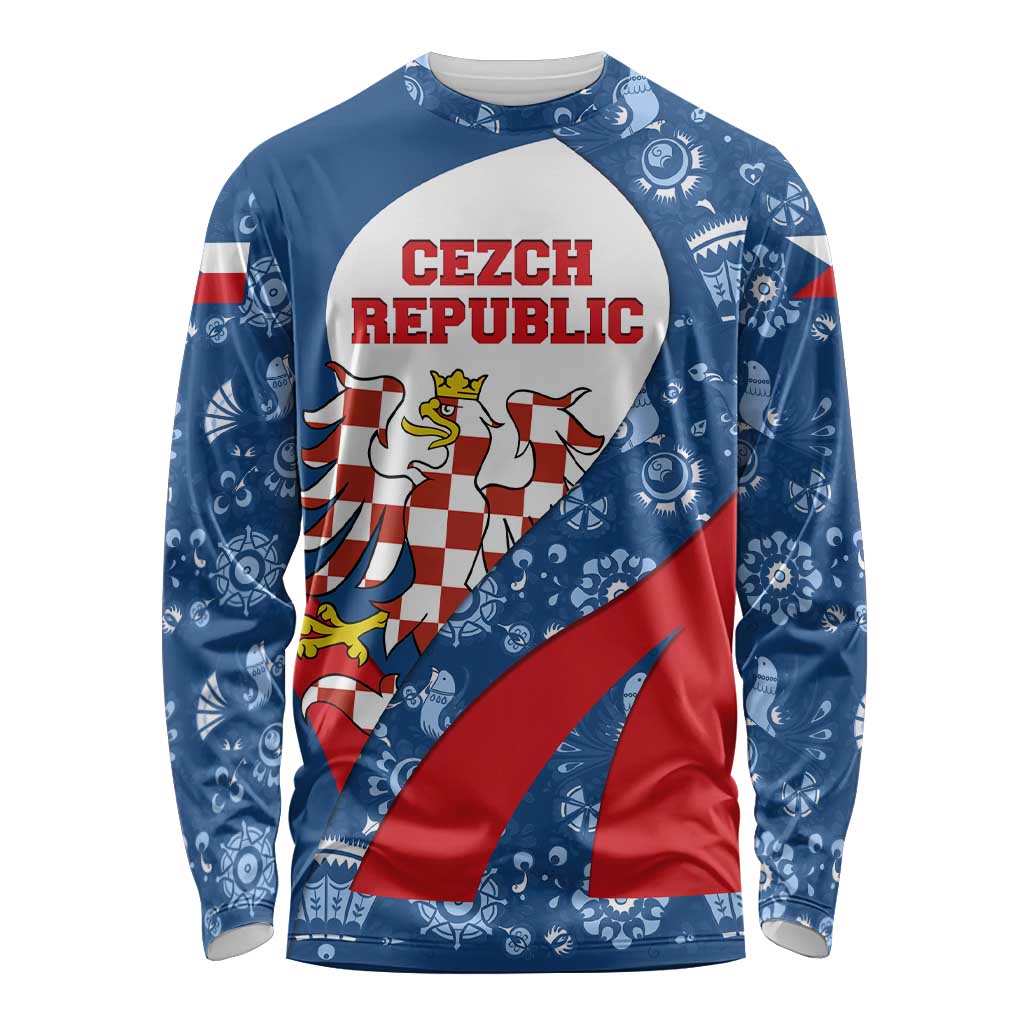 Czech Republic Long Sleeve Shirt with Blue Red Folk Pattern Design and National Lion Emblem - Wonder Print Shop