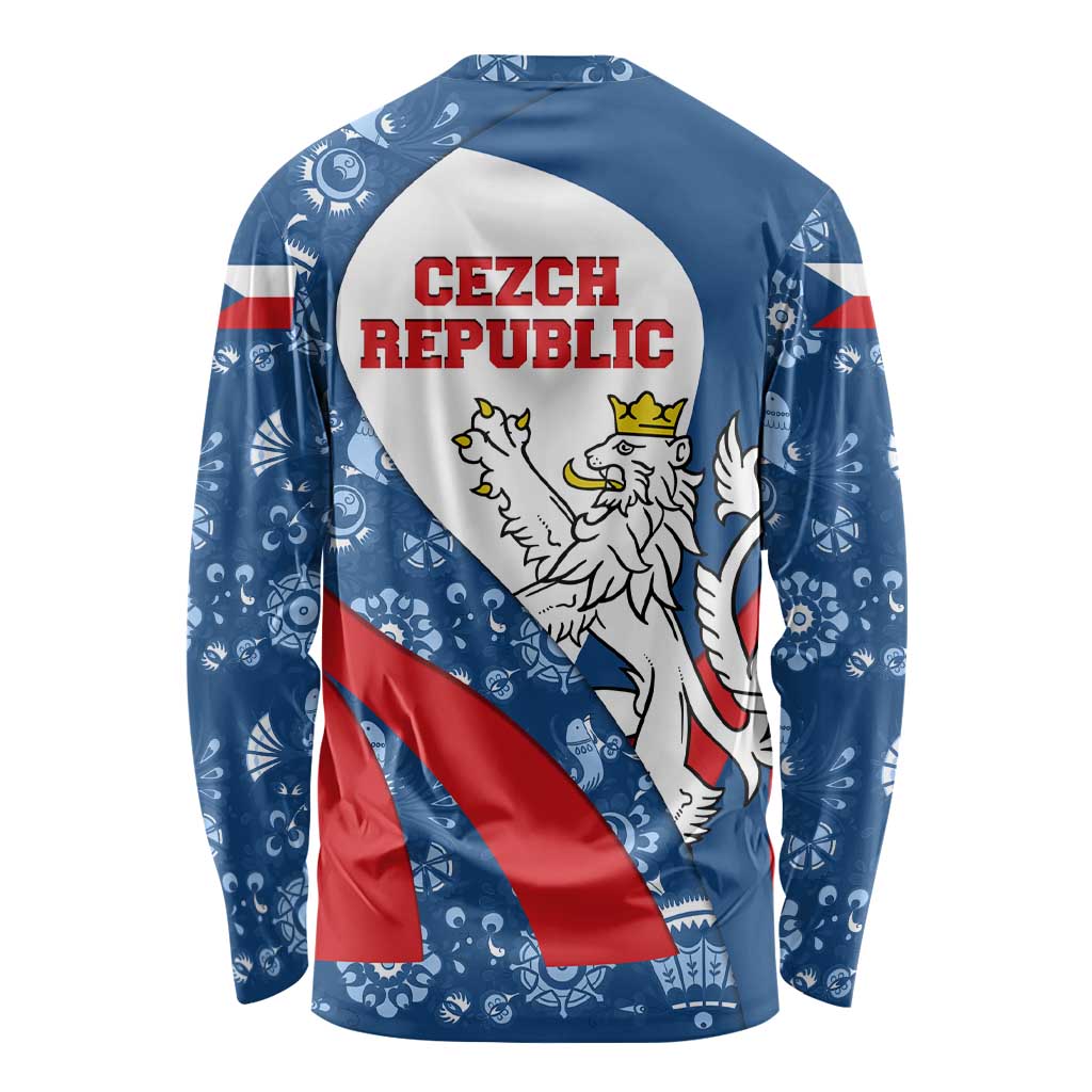 Czech Republic Long Sleeve Shirt with Blue Red Folk Pattern Design and National Lion Emblem - Wonder Print Shop