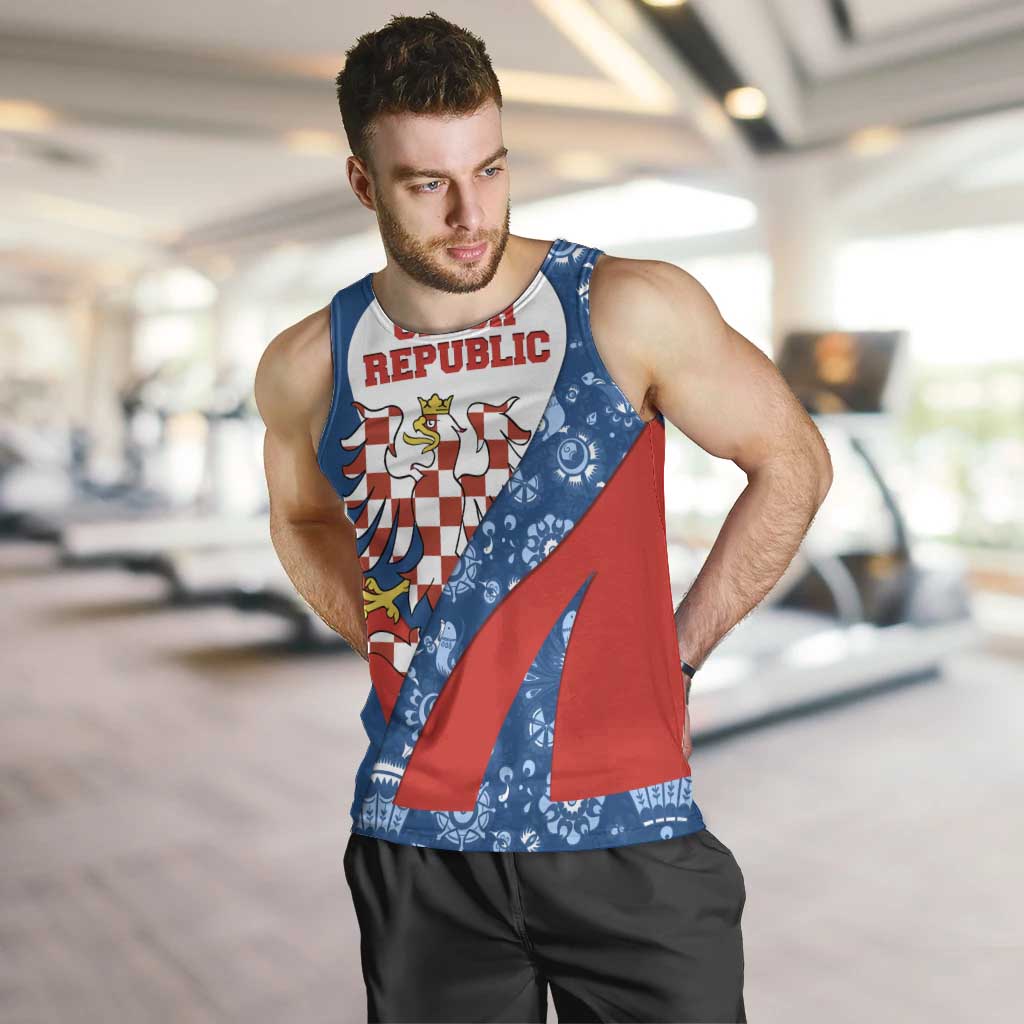 Czech Republic Men Tank Top with Blue Red Folk Pattern Design and National Lion Emblem - Wonder Print Shop