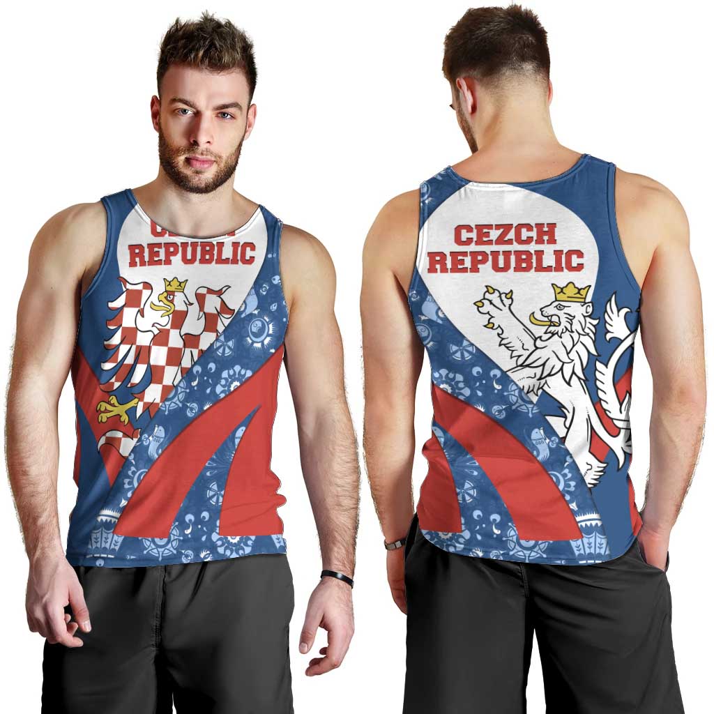 Czech Republic Men Tank Top with Blue Red Folk Pattern Design and National Lion Emblem - Wonder Print Shop