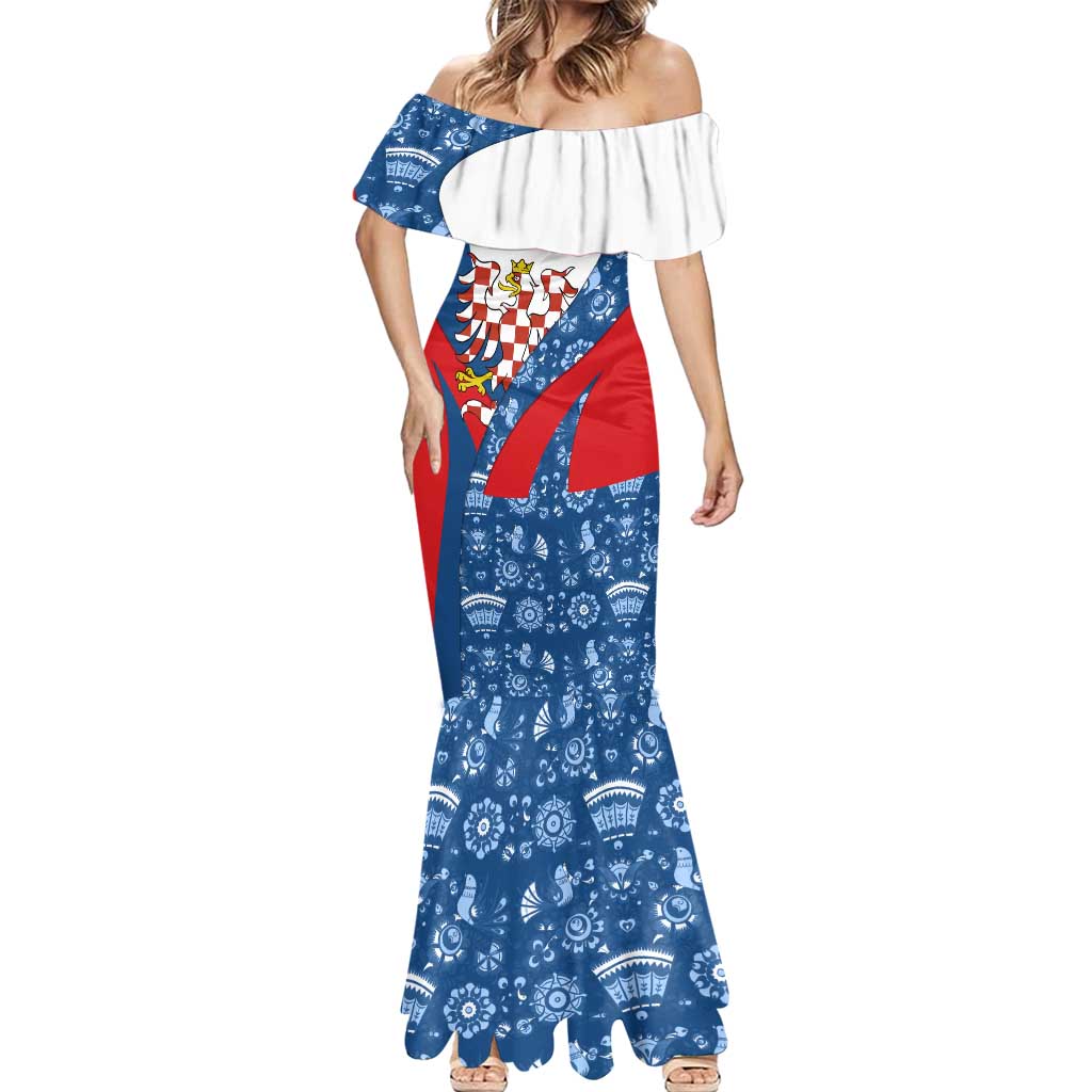Czech Republic Mermaid Dress with Blue Red Folk Pattern Design and National Lion Emblem - Wonder Print Shop