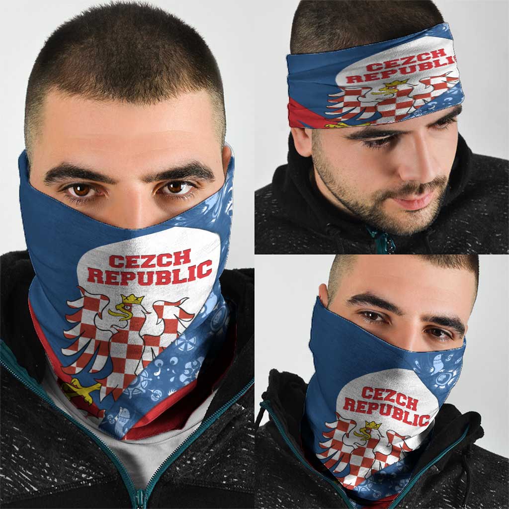 Czech Republic Neck Gaiter with Blue Red Folk Pattern Design and National Lion Emblem TS04