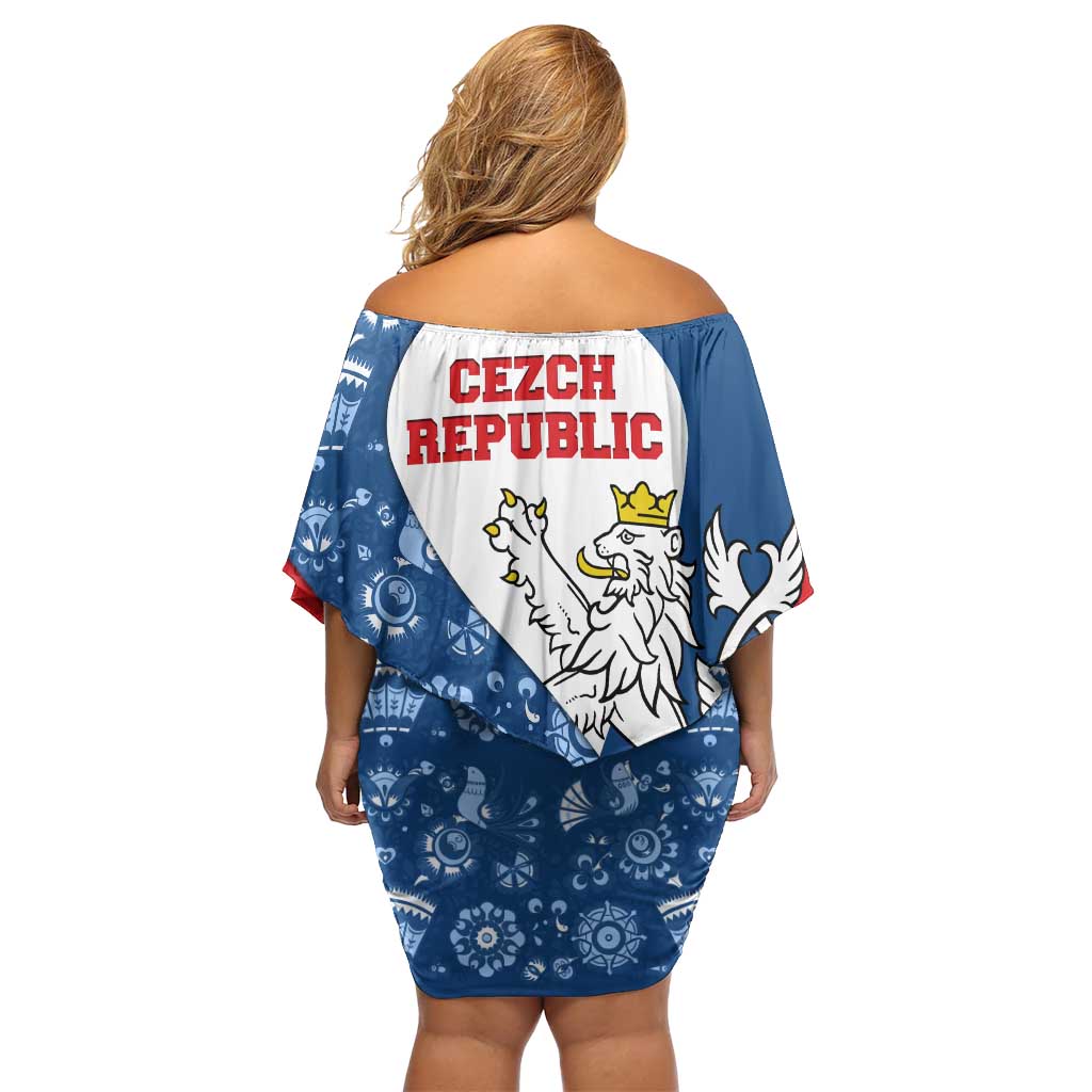 Czech Republic Off Shoulder Short Dress with Blue Red Folk Pattern Design and National Lion Emblem - Wonder Print Shop