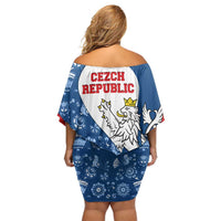 Czech Republic Off Shoulder Short Dress with Blue Red Folk Pattern Design and National Lion Emblem - Wonder Print Shop